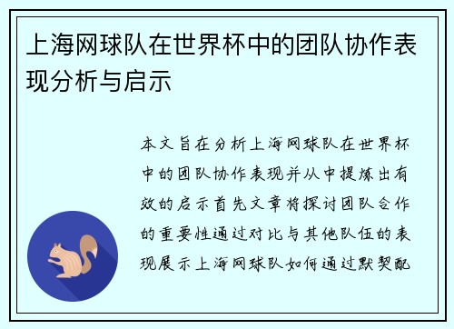 上海网球队在世界杯中的团队协作表现分析与启示